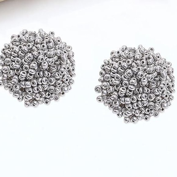 Silver Pom Pom Big Beaded Puff Post Earrings Round Bohemian New - Picture 2 of 6